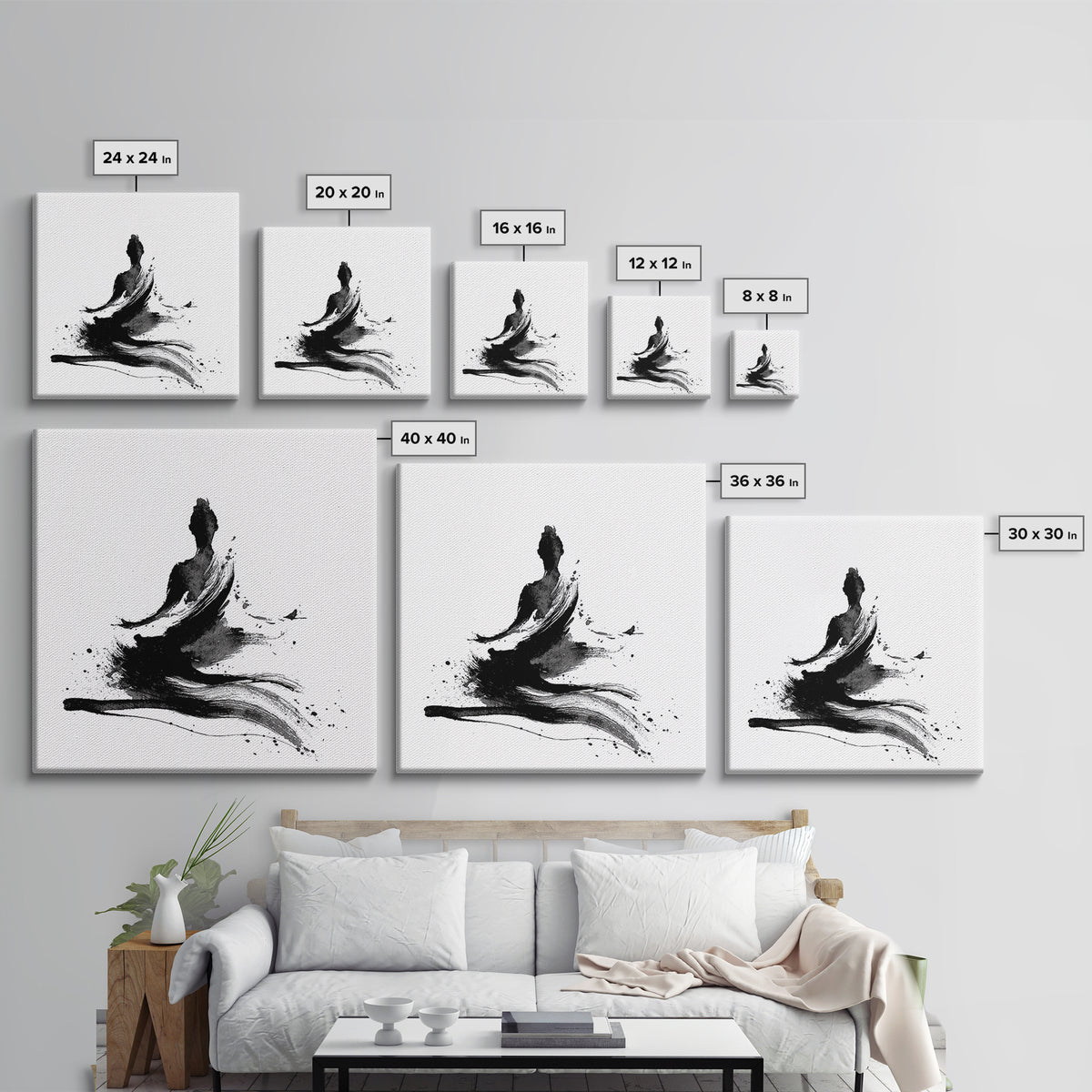 Minimal Ink Meditating Figure Wall Art, Black And White Zen Canvas Print, Modern Minimalist Decor For Yoga Room Or Home Office