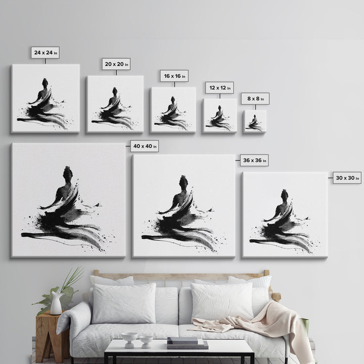 Minimal Ink Meditating Figure Wall Art, Black And White Zen Canvas Print, Modern Minimalist Decor For Yoga Room Or Home Office