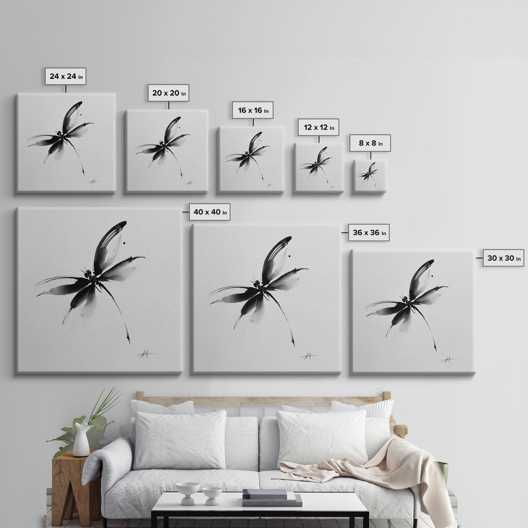 Black And White Ink Butterfly Minimalist Wall Art, Modern Abstract Brushstroke Print, Elegant Monochrome Framed Canvas