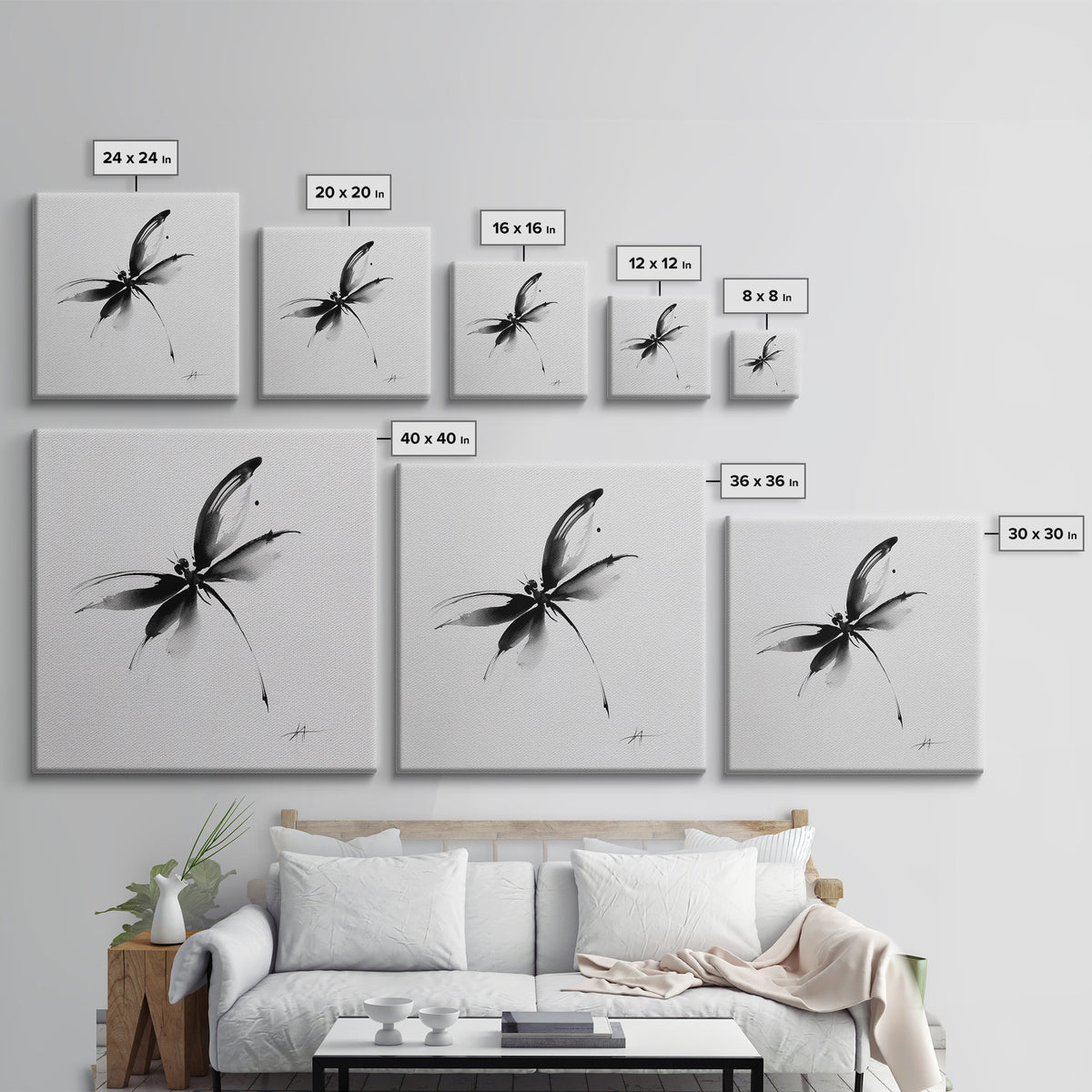 Black And White Ink Butterfly Minimalist Wall Art, Modern Abstract Brushstroke Print, Elegant Monochrome Framed Canvas