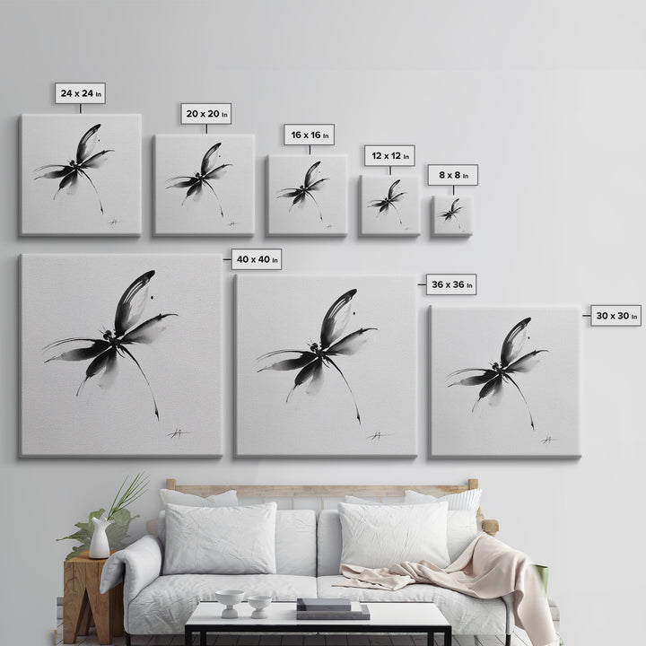 Black And White Ink Butterfly Minimalist Wall Art, Modern Abstract Brushstroke Print, Elegant Monochrome Framed Canvas