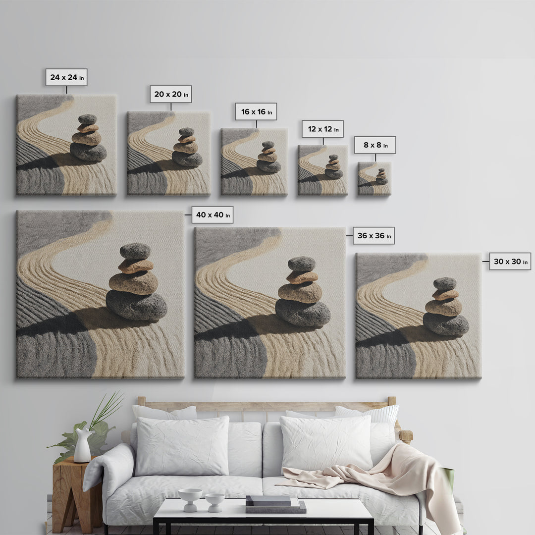 Zen Stones In Raked Sand Minimalist Wall Art, Neutral Abstract Canvas Print For Calming Modern Home Decor Living Room