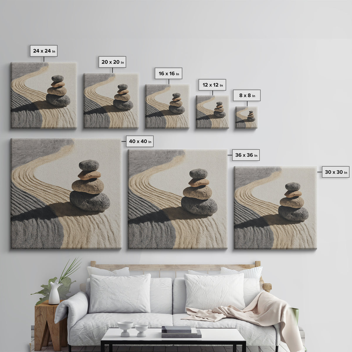 Zen Stones In Raked Sand Minimalist Wall Art, Neutral Abstract Canvas Print For Calming Modern Home Decor Living Room