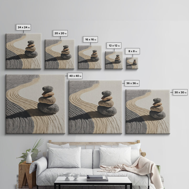 Zen Stones In Raked Sand Minimalist Wall Art, Neutral Abstract Canvas Print For Calming Modern Home Decor Living Room