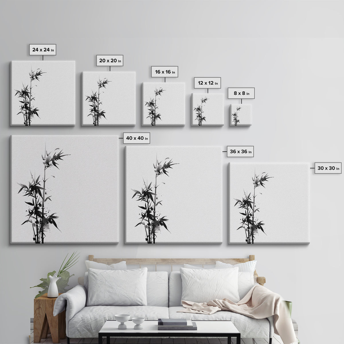 Minimalist Ink Bamboo Wall Art, Black And White Japanese Painting Canvas Print, Modern Zen Home Decor