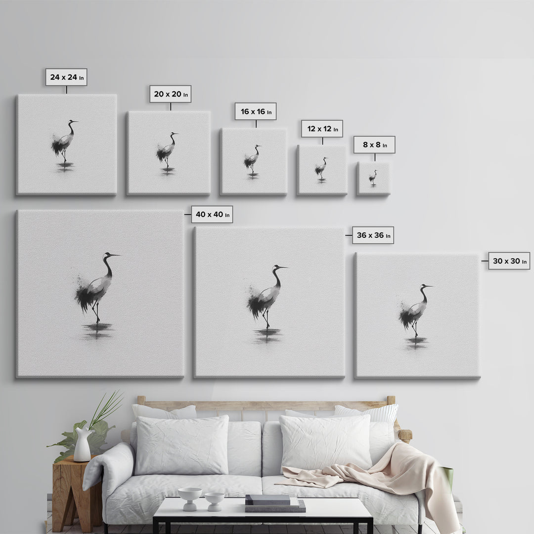 Minimal Japanese Crane Ink Wall Art, Black And White Bird Painting Canvas Print, Zen Nature Decor For Modern Home