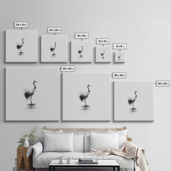 Minimal Japanese Crane Ink Wall Art, Black And White Bird Painting Canvas Print, Zen Nature Decor For Modern Home