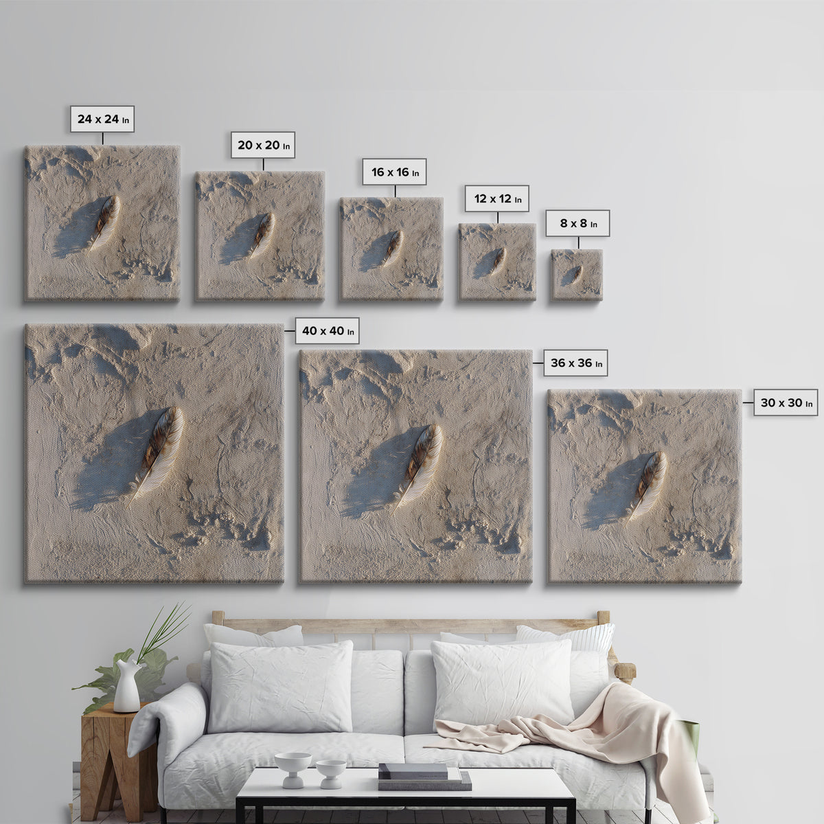 Minimal Feather In Sand Photography Wall Art, Neutral Beach Print, Coastal Wall Decor, Scandinavian Minimalist Home Decor