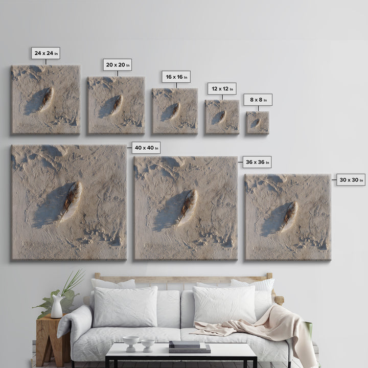Minimal Feather In Sand Photography Wall Art, Neutral Beach Print, Coastal Wall Decor, Scandinavian Minimalist Home Decor