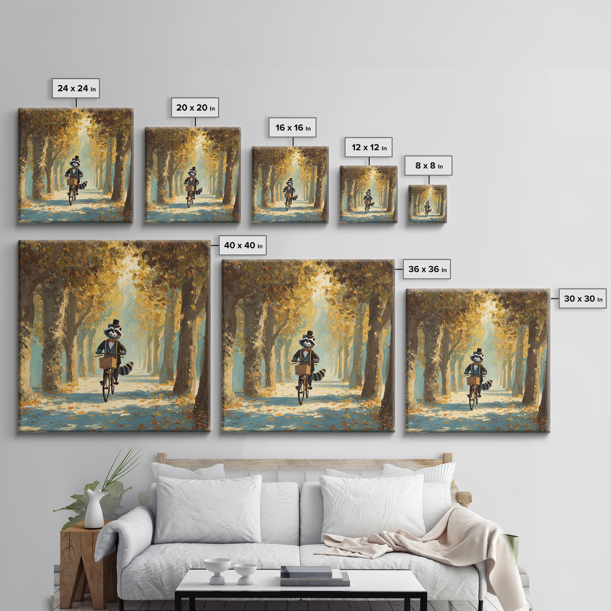 Whimsical Raccoon Riding Bicycle Wall Art, Cozy Autumn Woodland Animal Painting, Storybook Nursery Decor, Cute Kids Room Art