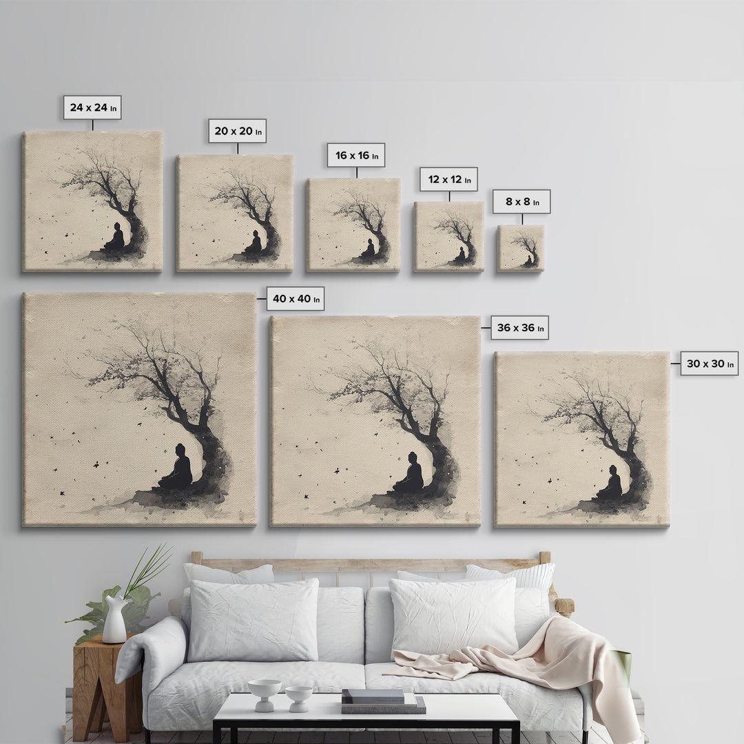 Calm Minimalist Ink Style Buddha Silhouette Under Tree Tranquil Wall Art Canvas Print Meditation Room Décor