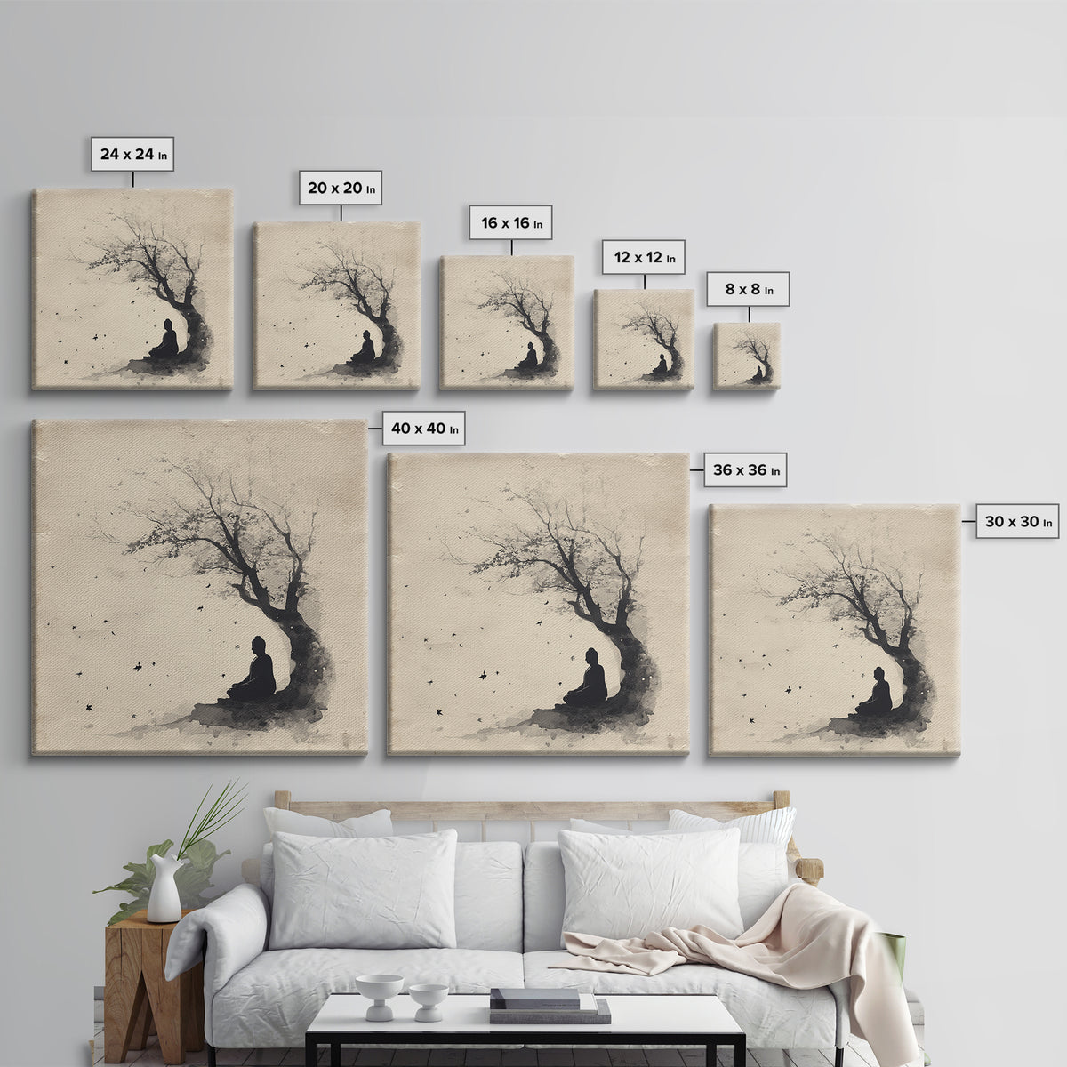 Calm Minimalist Ink Style Buddha Silhouette Under Tree Tranquil Wall Art Canvas Print Meditation Room Décor