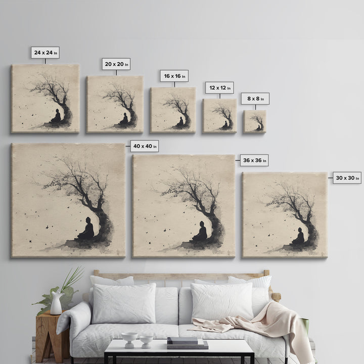 Calm Minimalist Ink Style Buddha Silhouette Under Tree Tranquil Wall Art Canvas Print Meditation Room Décor