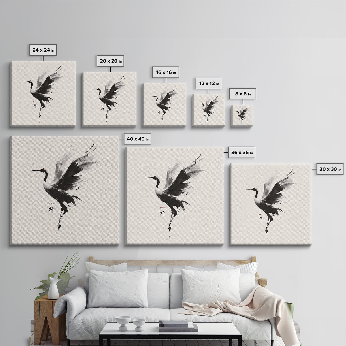 Japanese Ink Crane Bird Wall Art, Minimal Black And White Animal Canvas Print, Zen Japandi Home Decor