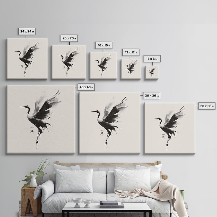 Japanese Ink Crane Bird Wall Art, Minimal Black And White Animal Canvas Print, Zen Japandi Home Decor