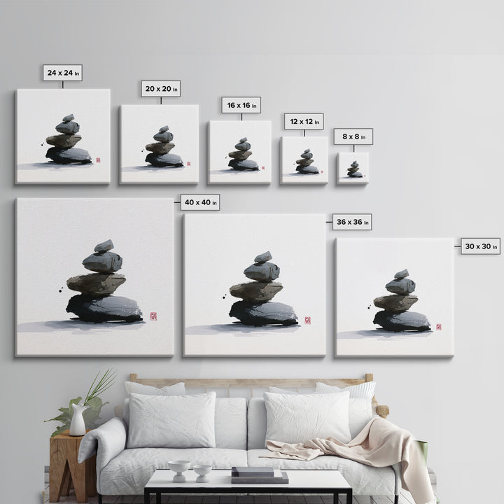 Minimal Zen Rock Stack Wall Art, Japanese Ink Stone Balance Canvas Print, Calm Japandi Home Decor