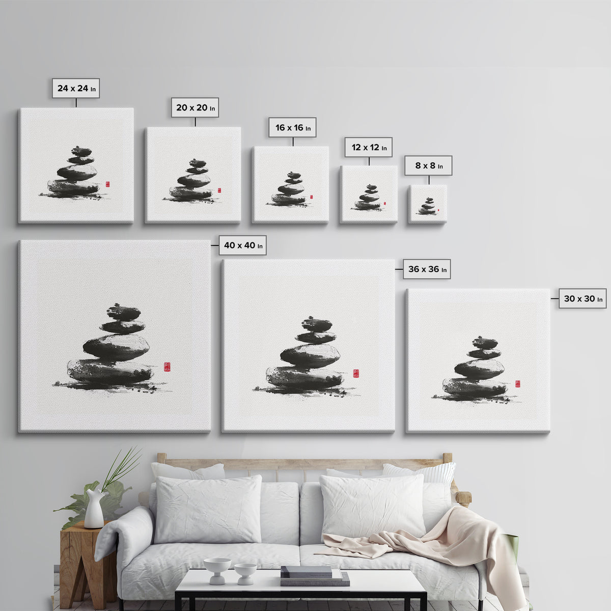Zen Stone Stack Wall Art, Minimal Japanese Ink Rock Painting Canvas Print, Calming Spa Bathroom And Yoga Decor