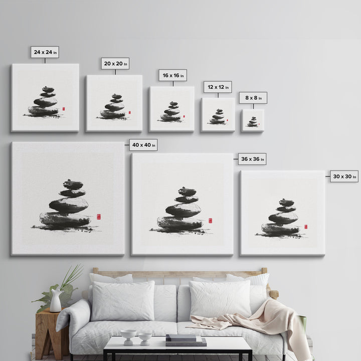 Zen Stone Stack Wall Art, Minimal Japanese Ink Rock Painting Canvas Print, Calming Spa Bathroom And Yoga Decor