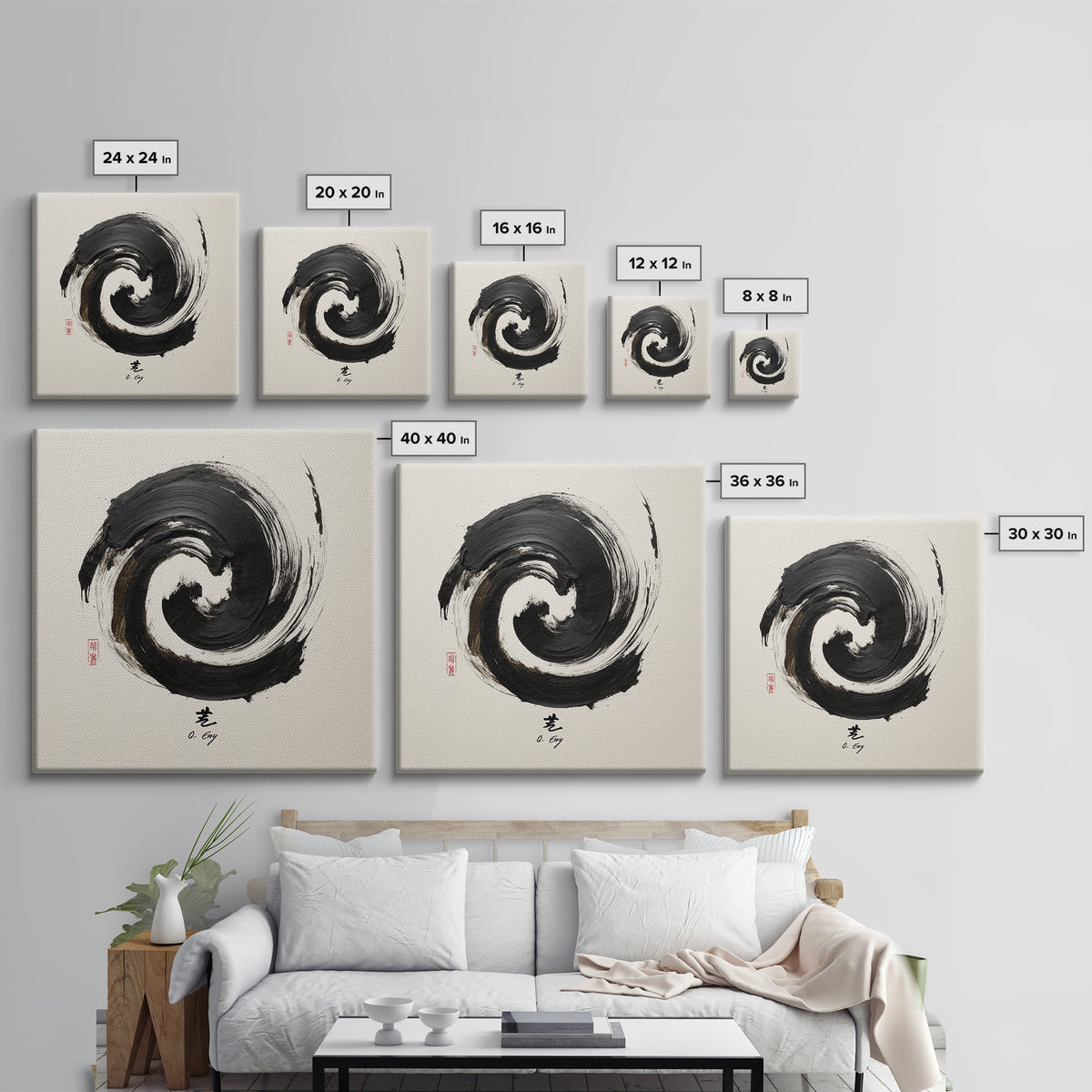 Abstract Black Ink Swirl With Zen Calligraphy Minimalist Wall Art Framed Canvas Print For Modern Home Decor