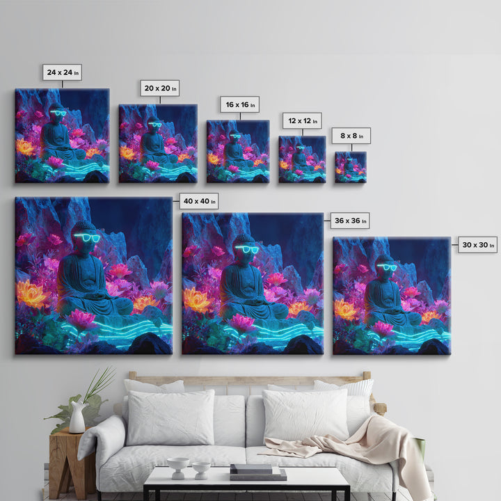Neon Buddha Lotus Garden Canvas Print, Glowing Meditation Wall Art, Psychedelic Spiritual Decor For Yoga Room Or Boho Home