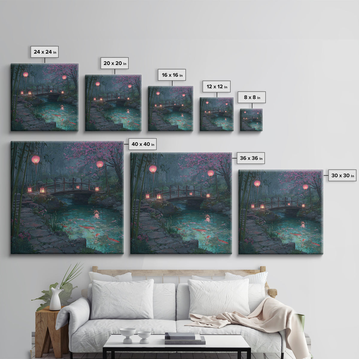 Serene Japanese Garden With Koi Fish And Lanterns Wall Art For Tranquil Home Decor Framed Canvas Print