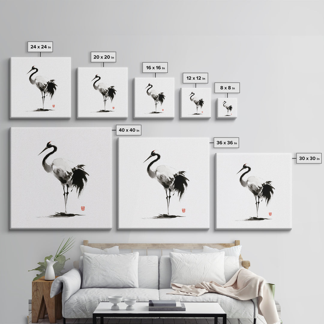 Minimalist Crane Ink Painting Wall Art Print, Japanese Zen Decor, Black And White Art, Japandi Wall Art, Modern Home Decor