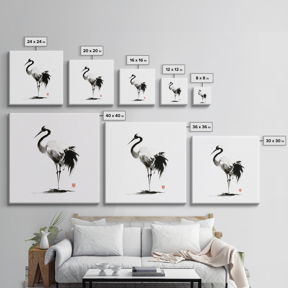 Minimalist Crane Ink Painting Wall Art Print, Japanese Zen Decor, Black And White Art, Japandi Wall Art, Modern Home Decor