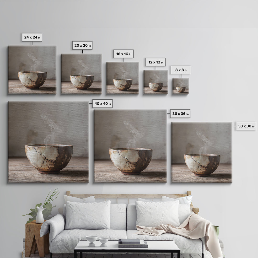 Wabi Sabi Ceramic Tea Bowl Wall Art, Rustic Japanese Canvas Print, Minimal Neutral Kitchen Decor, Organic Modern Home Wall Art