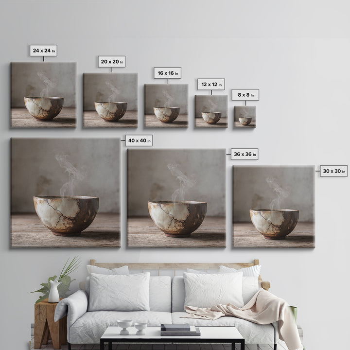 Wabi Sabi Ceramic Tea Bowl Wall Art, Rustic Japanese Canvas Print, Minimal Neutral Kitchen Decor, Organic Modern Home Wall Art
