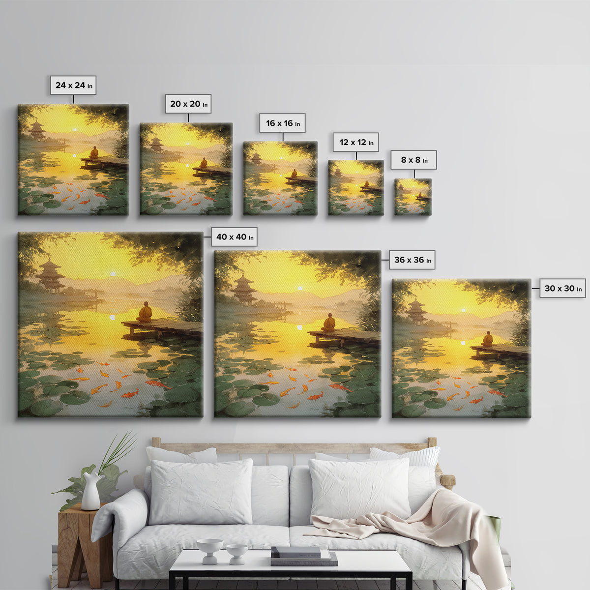 Golden Sunset Zen Lake With Koi And Temple Landscape Wall Art, Peaceful Japanese Decor Framed Canvas Print