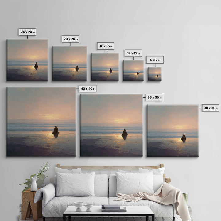 Meditation On Beach At Sunrise Wall Art, Minimalist Zen Seascape Canvas Print For Calming Bedroom Or Yoga Room Decor