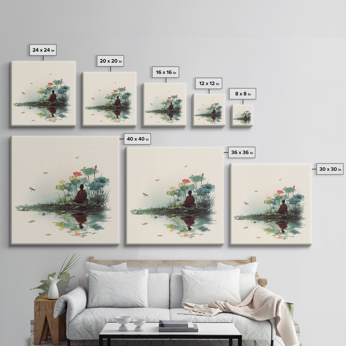 Meditation By Lotus Pond Wall Art, Peaceful Watercolor Landscape, Zen Mindfulness Decor, Yoga Studio Framed Canvas Print