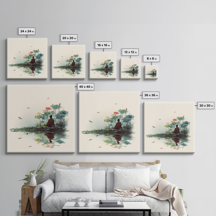 Meditation By Lotus Pond Wall Art, Peaceful Watercolor Landscape, Zen Mindfulness Decor, Yoga Studio Framed Canvas Print