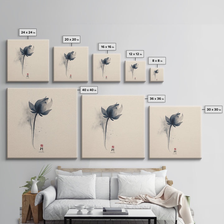 Minimalist Ink Lotus Flower Wall Art, Japanese Style Botanical Print, Zen Meditation Decor For Calm Modern Bedroom Or Spa