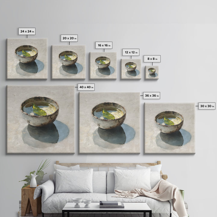 Rustic Tea Bowl Still Life Oil Painting Wall Art, Minimal Kitchen Decor, Neutral Modern Framed Canvas Print