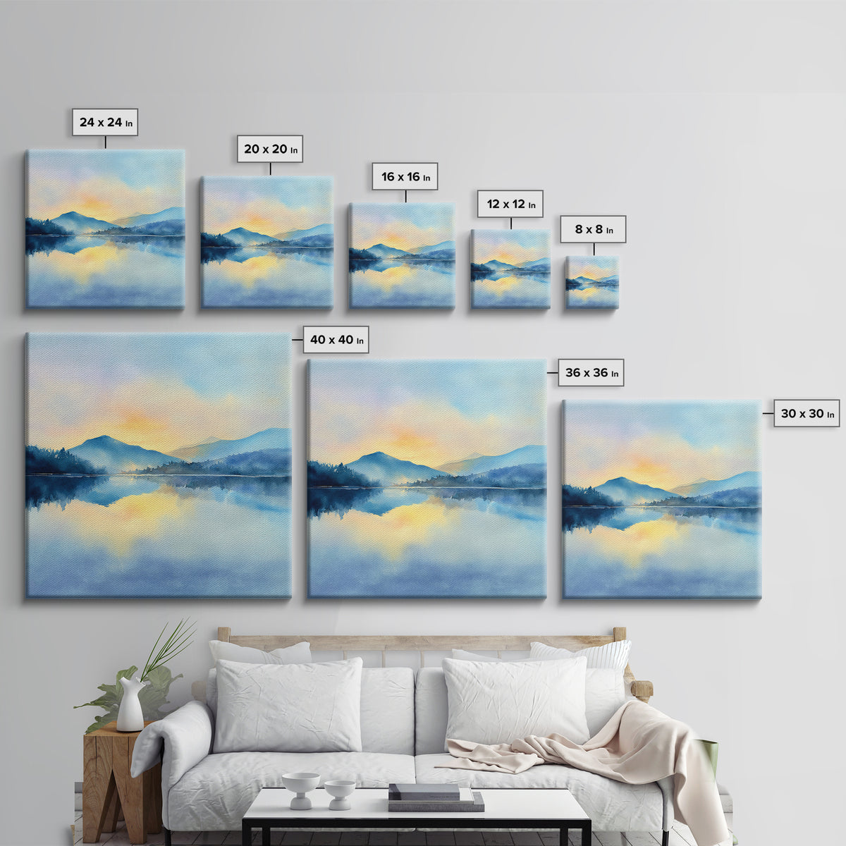 Soft Watercolor Mountain Lake Sunrise Wall Art, Calming Landscape Canvas Print, Serene Bedroom And Living Room Decor