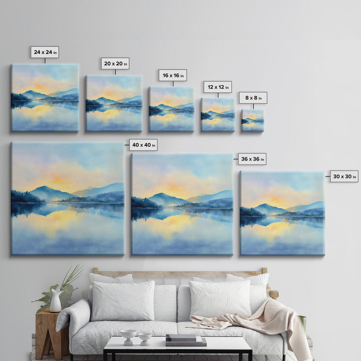 Soft Watercolor Mountain Lake Sunrise Wall Art, Calming Landscape Canvas Print, Serene Bedroom And Living Room Decor