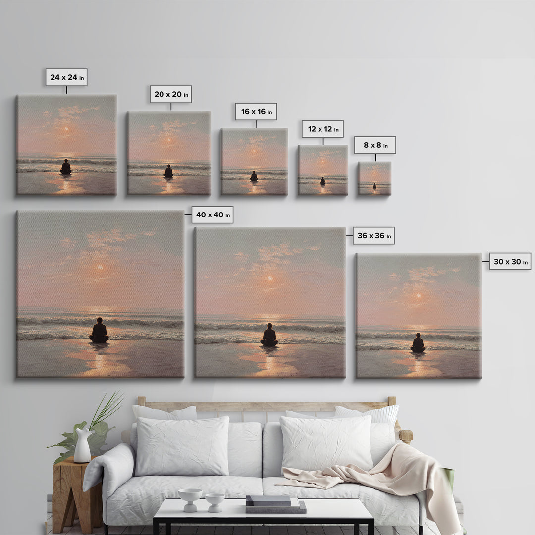 Sunset Beach Meditation Figure Wall Art, Serene Mindfulness Canvas Print, Calming Coastal Zen Bedroom Decor