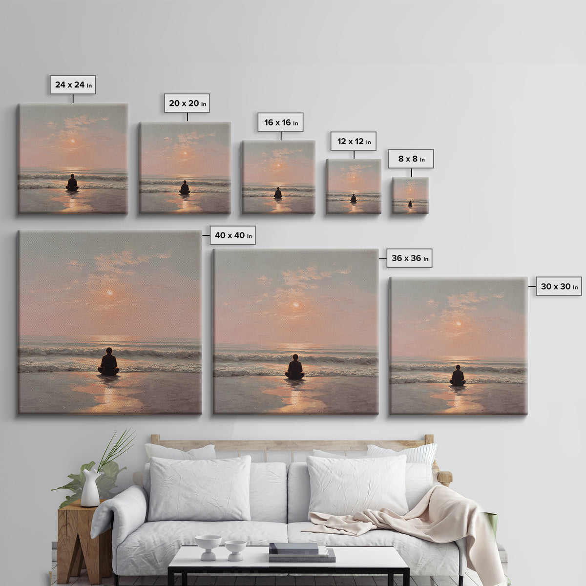 Sunset Beach Meditation Figure Wall Art, Serene Mindfulness Canvas Print, Calming Coastal Zen Bedroom Decor