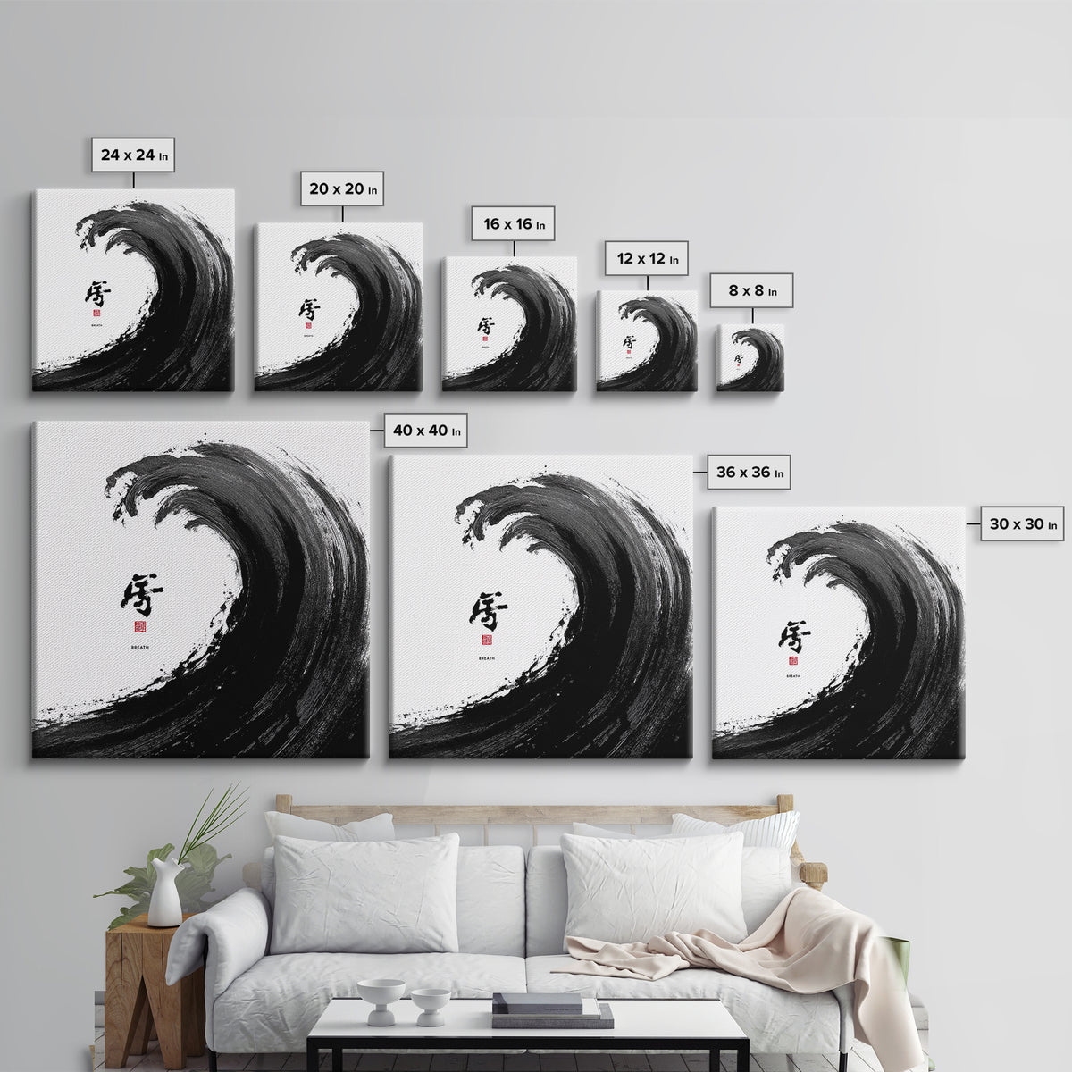 Japanese Ink Wave With Kanji Wall Art, Black And White Minimalist Canvas Print, Zen Japandi Home Decor Modern Art
