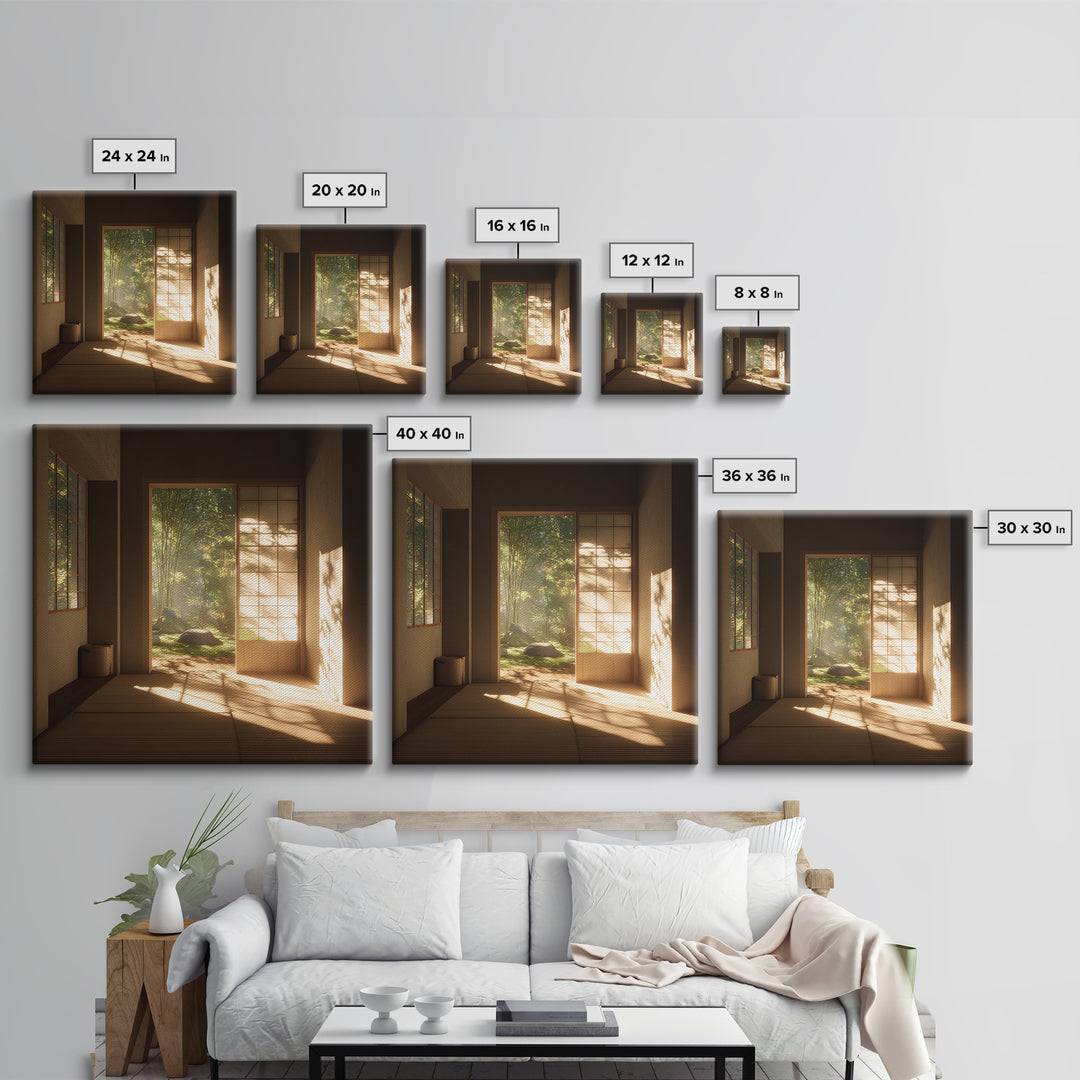 Minimal Japandi Zen Room With Garden View Wall Art, Serene Japanese Interior Framed Canvas Print