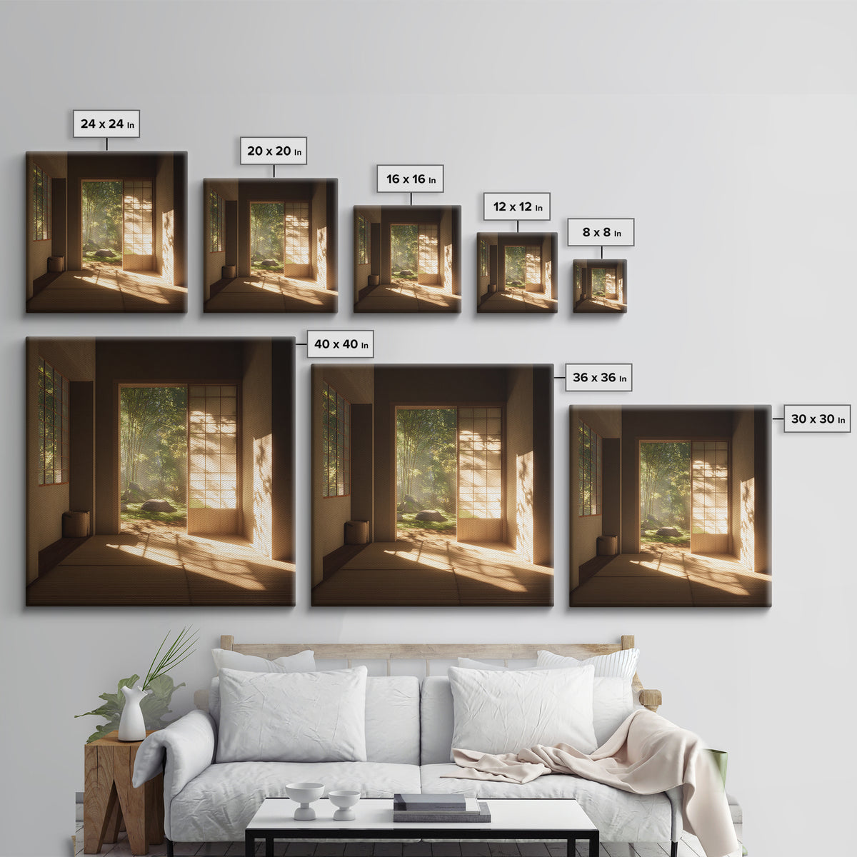 Minimal Japandi Zen Room With Garden View Wall Art, Serene Japanese Interior Framed Canvas Print