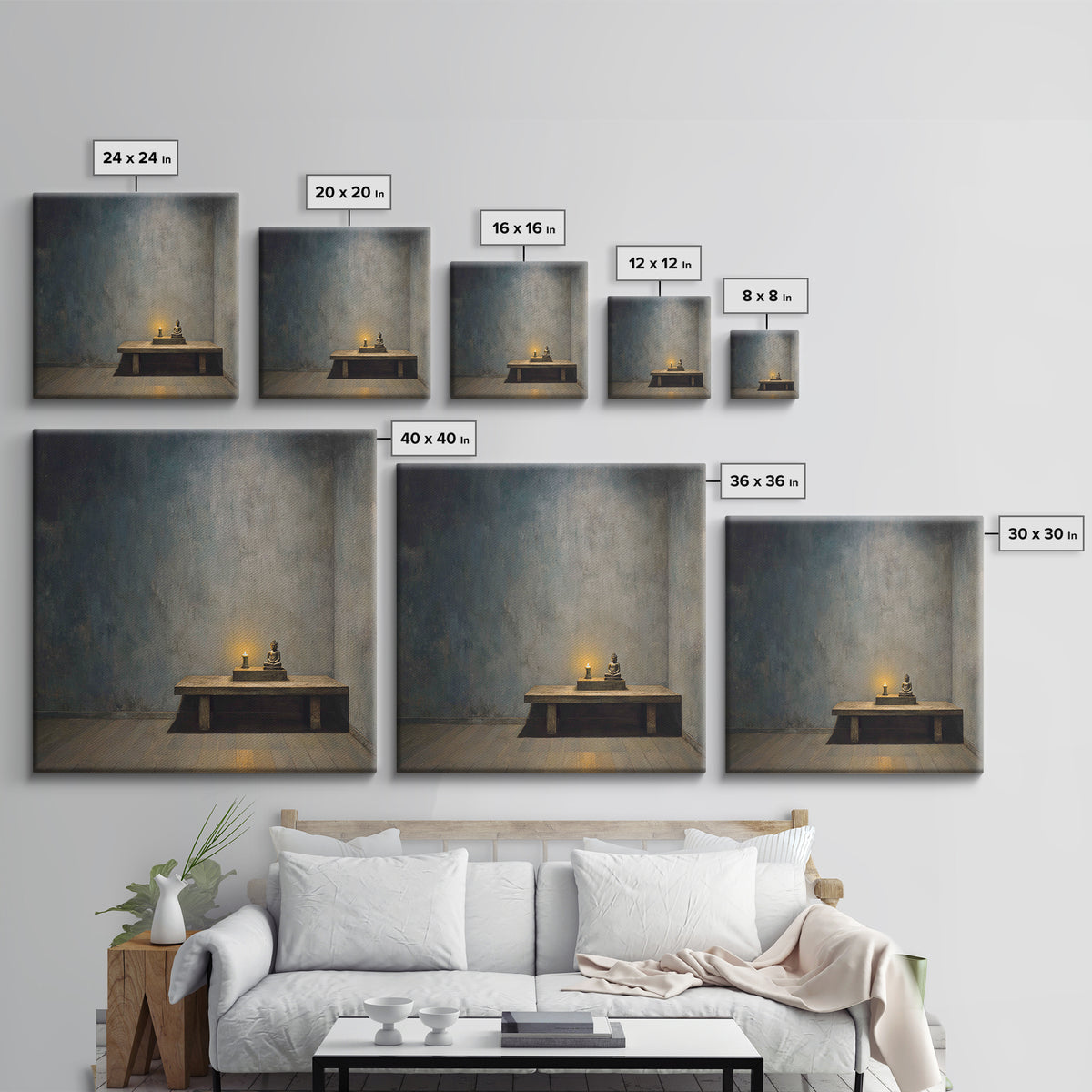 Zen Buddha Altar Candlelight Wall Art Minimalist Wabi Sabi Room Decor Calming Neutral Canvas Print Meditation Room Wall Decor
