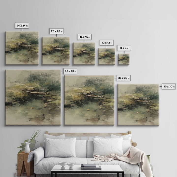 Misty Creek With Wooden Footbridge Watercolor Landscape Wall Art, Soft Nature Painting Print, Calming Home Decor Bedroom Art