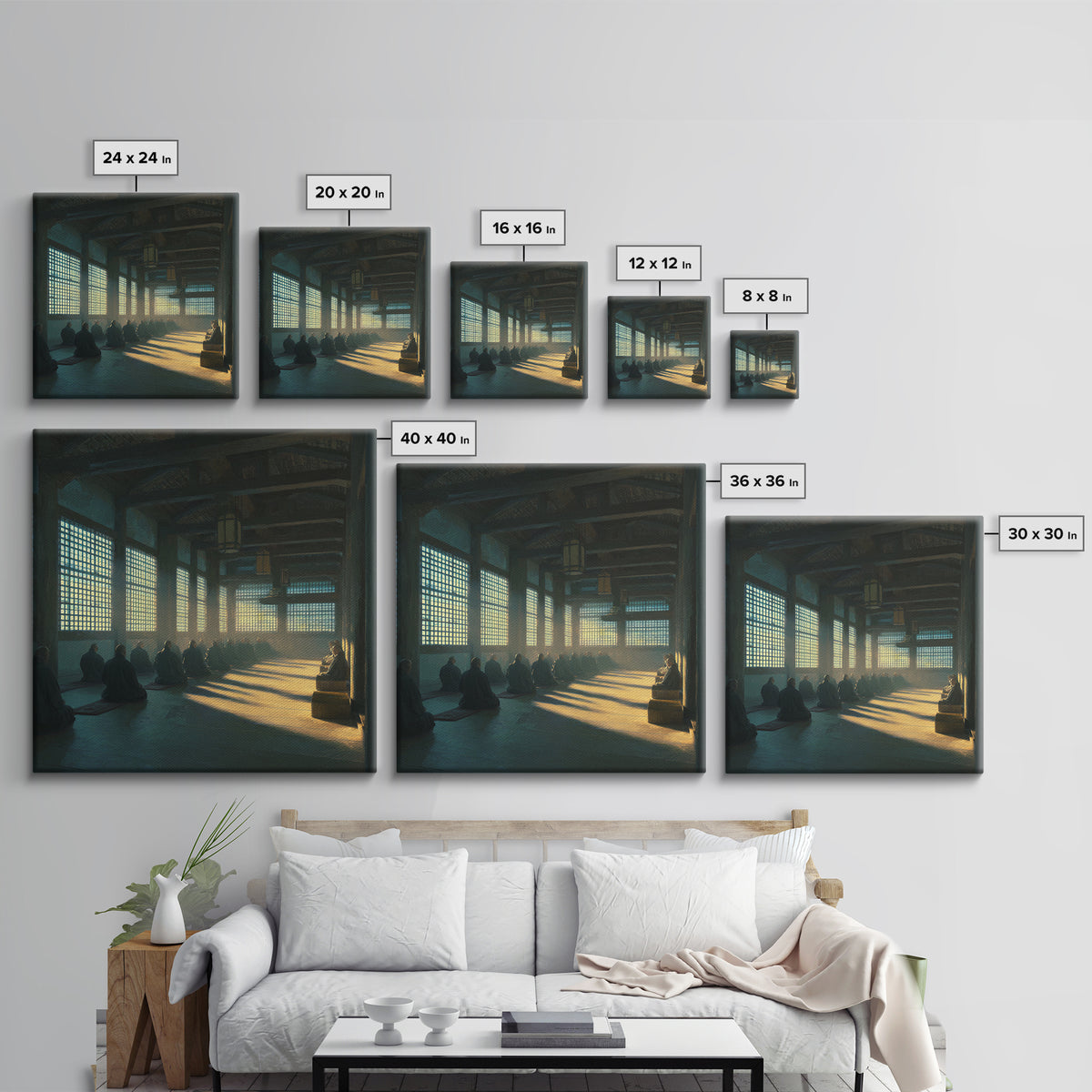 Zen Monastery Meditation Wall Art, Minimalist Monks In Light Print, Calming Spiritual Decor, Wabi Sabi Inspired Artwork For Living Room