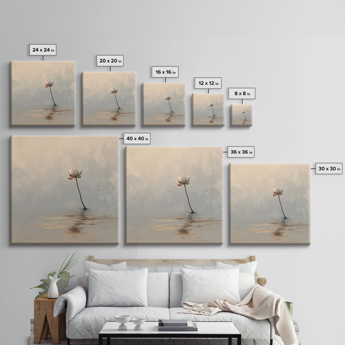 Serene Lotus On Water Minimalist Wall Art, Zen Nature Canvas Print, Calming Neutral Decor, Meditation Room Artwork