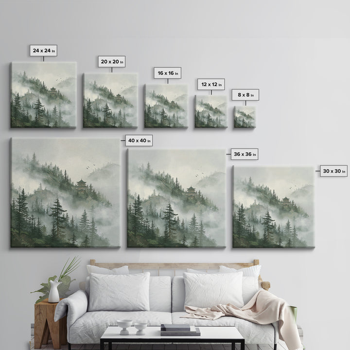 Misty Pine Forest With Distant Temple Painting Wall Art, Tranquil Mountain Landscape Print, Zen Japandi Nature Decor