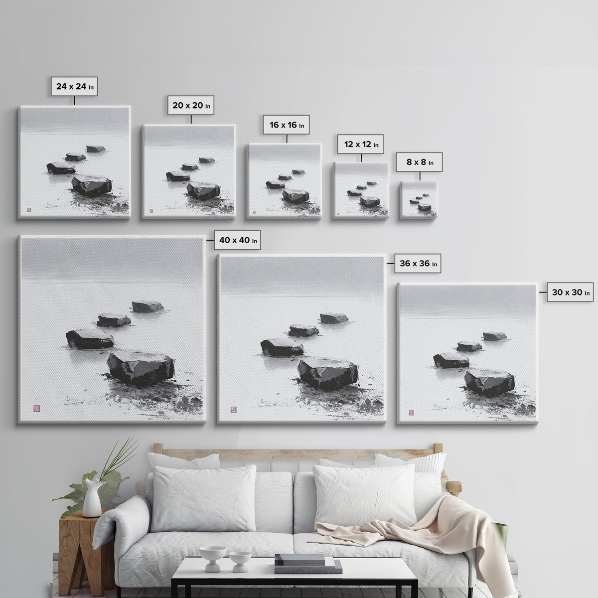 Minimal Zen Stepping Stones Wall Art, Black And White Japanese Canvas Print, Calming Wabi Sabi Decor For Home