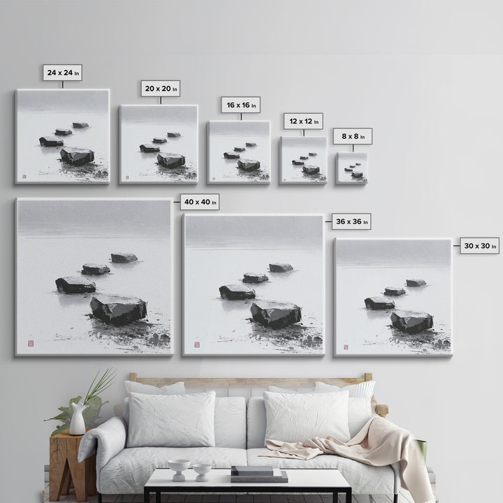 Minimal Zen Stepping Stones Wall Art, Black And White Japanese Canvas Print, Calming Wabi Sabi Decor For Home