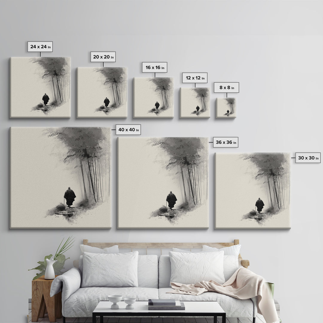Minimalist Zen Monk Walking In Bamboo Fog Japanese Wall Art Black And White Print Japandi Decor Calming Wabi Sabi Artwork